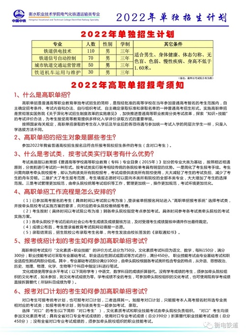 衡水職業(yè)技術學院2022年電氣化鐵道訂單班招生簡章 衡水職業(yè)技術學院2022年電氣化鐵道訂單班招生簡章